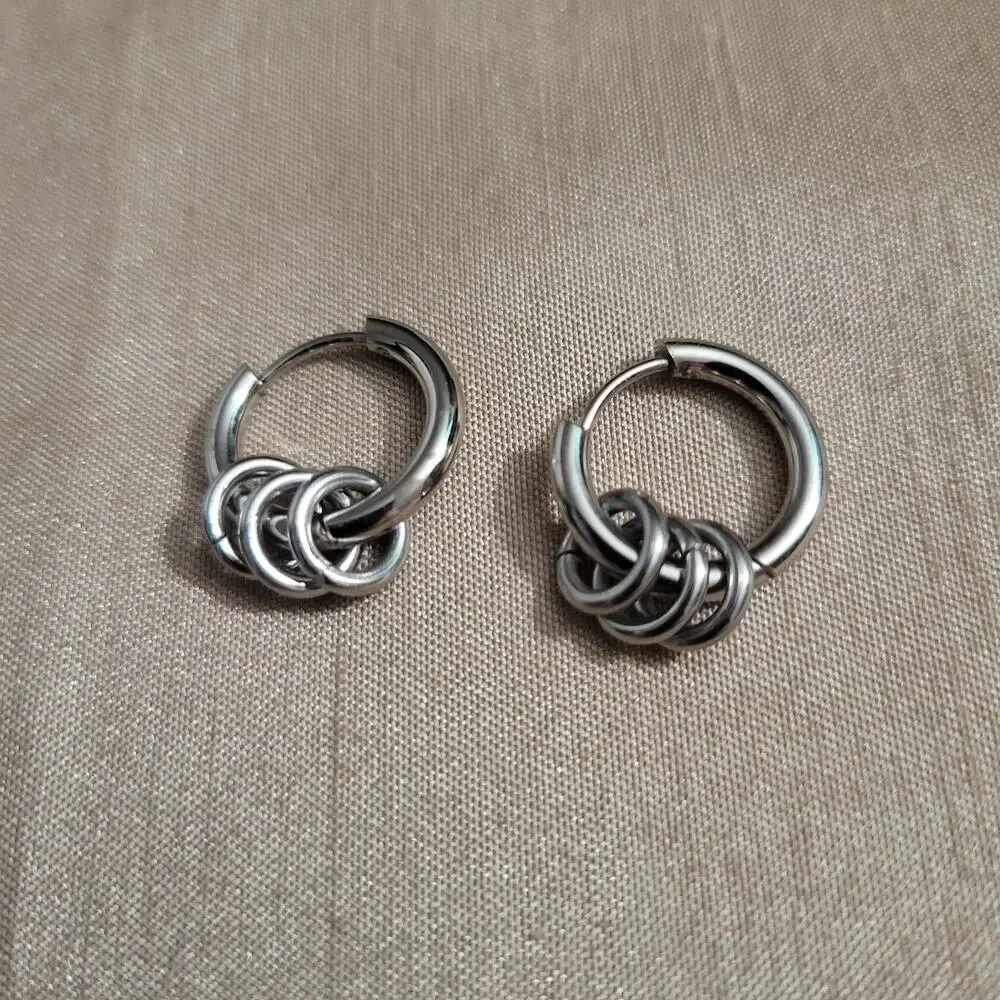 Men's silver stainless o-ring charm mini hoop earrings